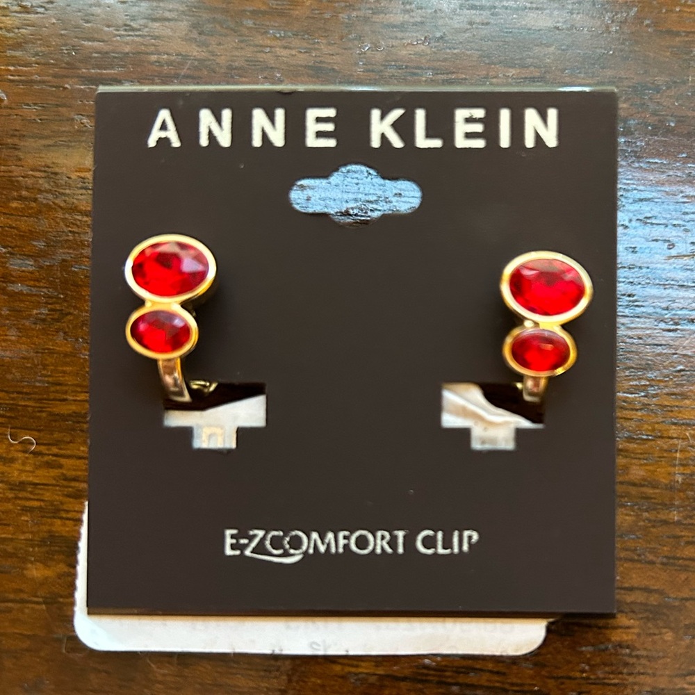 Anne Klein Gold Clip-On Earrings With Ruby Red Stones New on Card